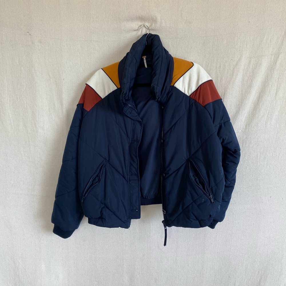 Navy Colorblock Puffer Jacket with Rust & Mustard Accents